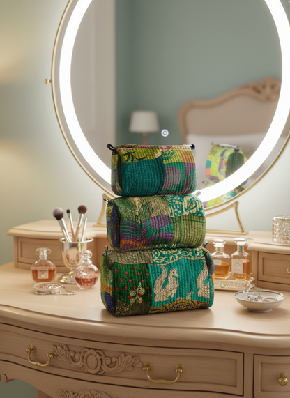 Green Patchwork Toiletry Bag - Set of 3 