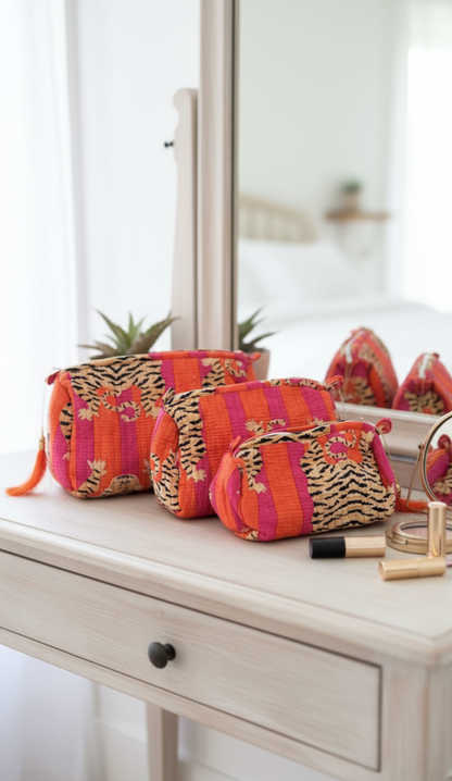Orange Tiger Toiletry Bag - Set of 3