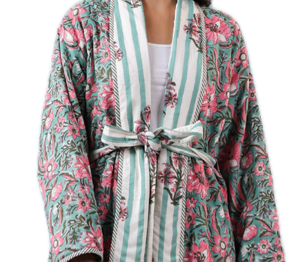 GREEN FLORAL HAND BLOCK PRINT ROBE