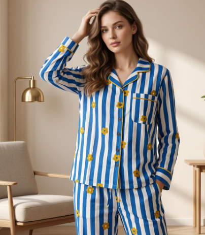Blue Stripe & Mustard Daisy Floral Print Cotton Pajama Set, Chic Sleepwear & Loungewear, Hand Block Printed Pajama Set