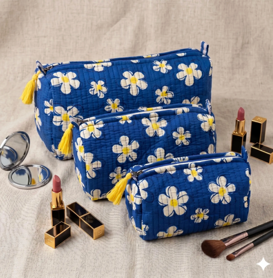 Toiletry Pouch Set of 3 Blue Daisy Print