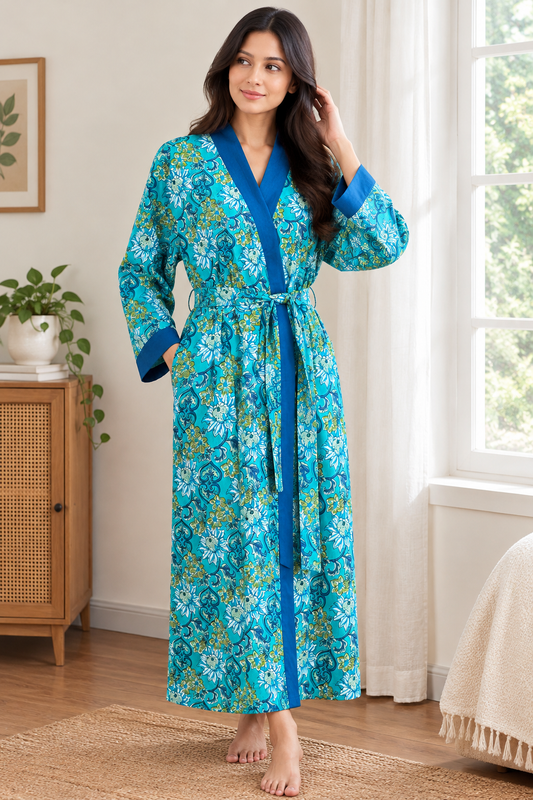 Handcrafted Block Print Cotton Kimono Robe | Turquoise & Blue Floral Botanical Lounge Robe | Spa & Sleepwear