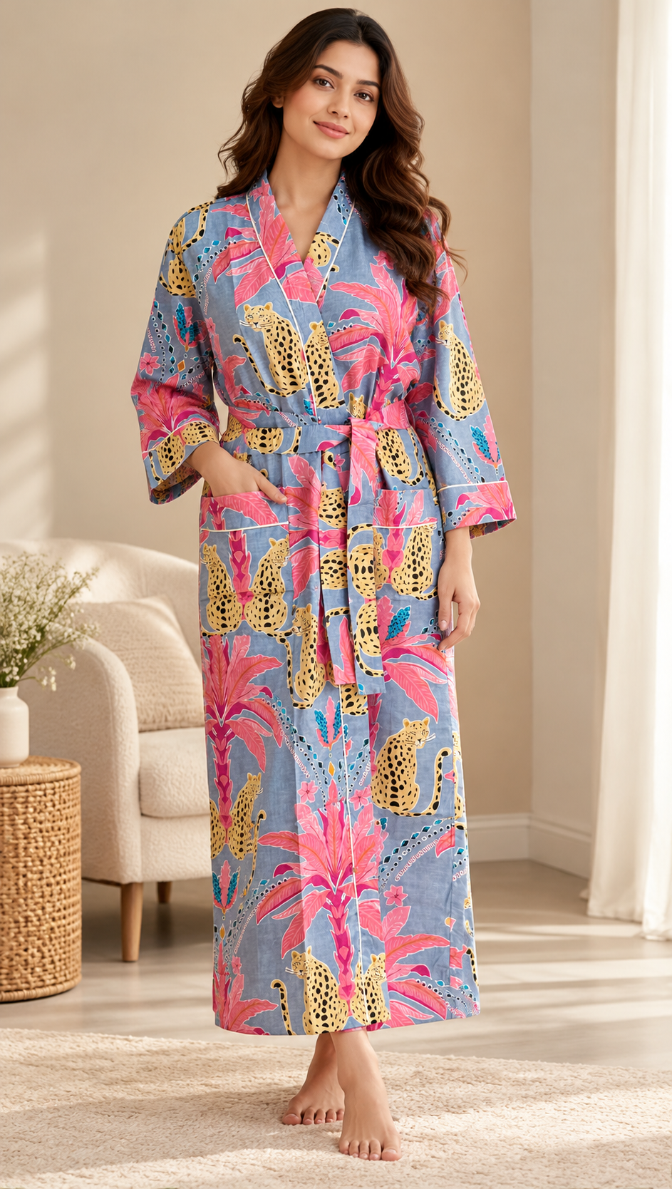 Handcrafted Block Print Cotton Kimono Robe | Blue & Hot Pink Leopard Tropical Palm Lounge Robe | Spa & Sleepwear