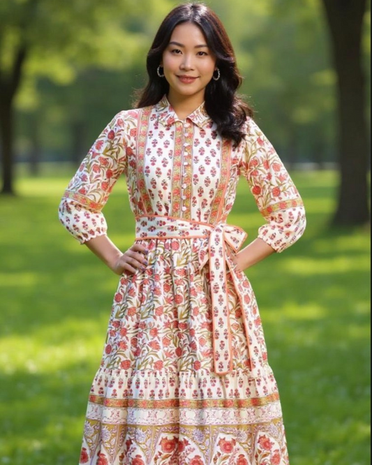 Block Printed Midi Dress with Belt