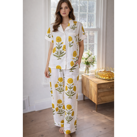Short Sleeved Long PJ Set in Yellow Florals