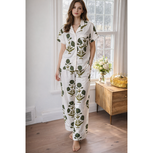 Short Sleeved Long PJ Set in Green Florals