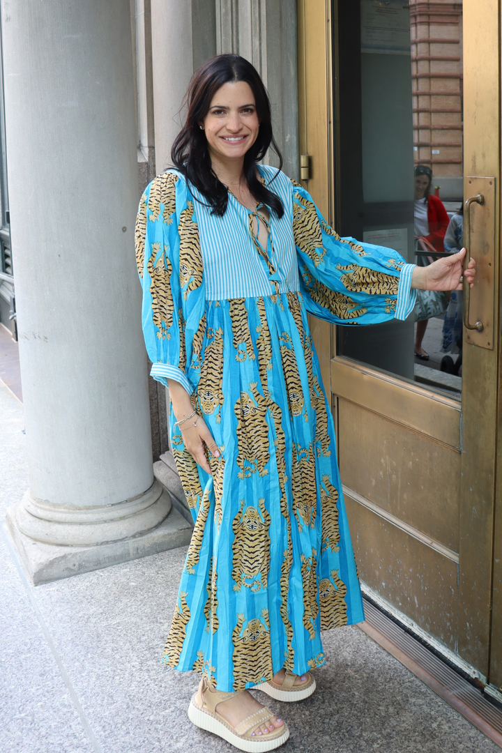 Tiger Block Printed Midi Dress - Blue
