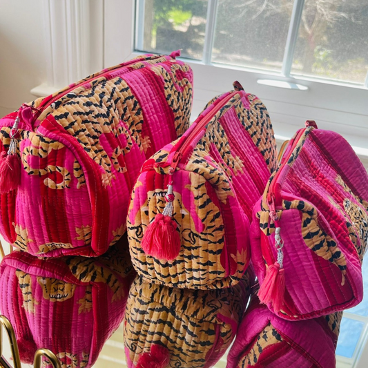 Tiger Block Printed Toiletry Bag in Pink - Set of 3