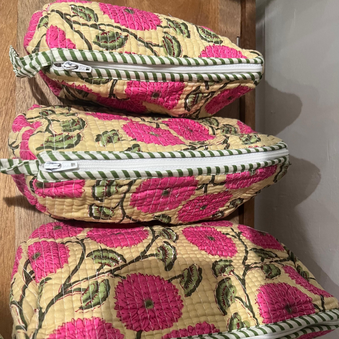 Block Printed Toiletry Bag in Pink Florals - Set of 3