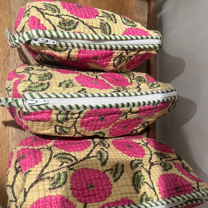 Block Printed Toiletry Bag in Pink Florals - Set of 3