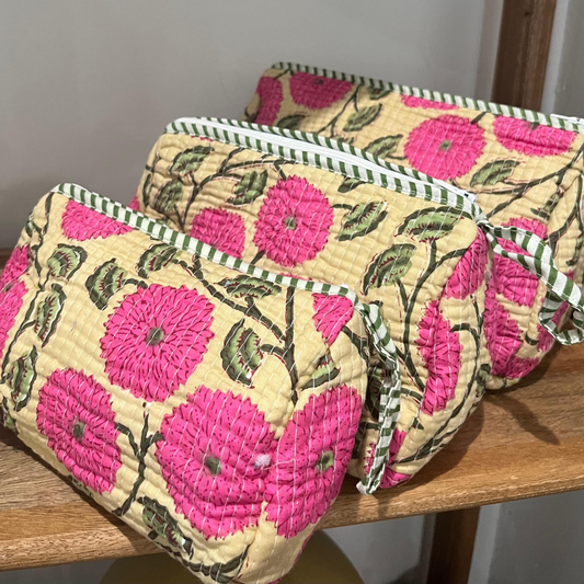 Block Printed Toiletry Bag in Pink Florals - Set of 3