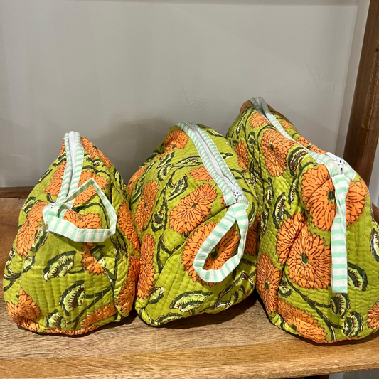 Block Printed Toiletry Bag in Yellow Florals - Set of 3