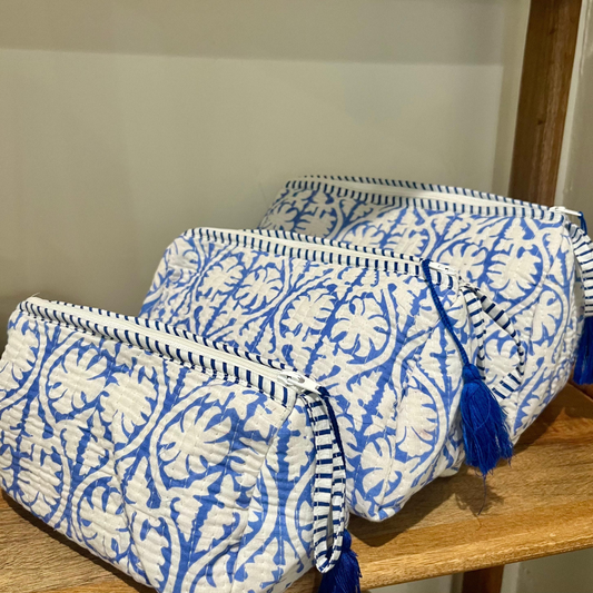 Block Printed Toiletry Bag in Blue - Set of 3