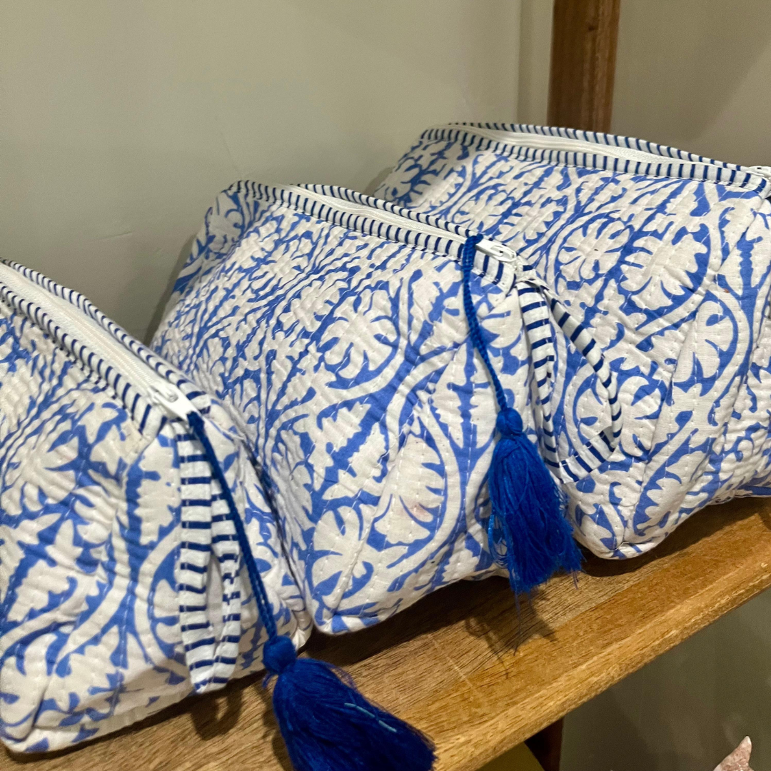 Block Printed Toiletry Bag in Blue - Set of 3