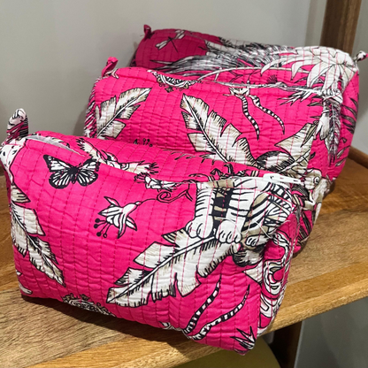 Block Printed Toiletry Bag in Pink - Set of 3