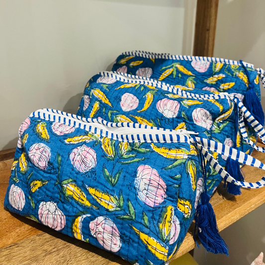 Block Printed Toiletry Bag in Navy Blue - Set of 3