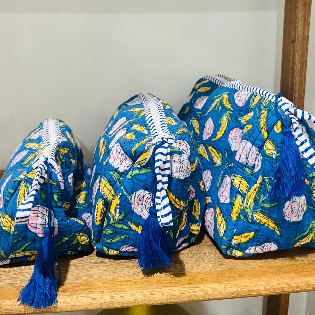 Block Printed Toiletry Bag in Navy Blue - Set of 3