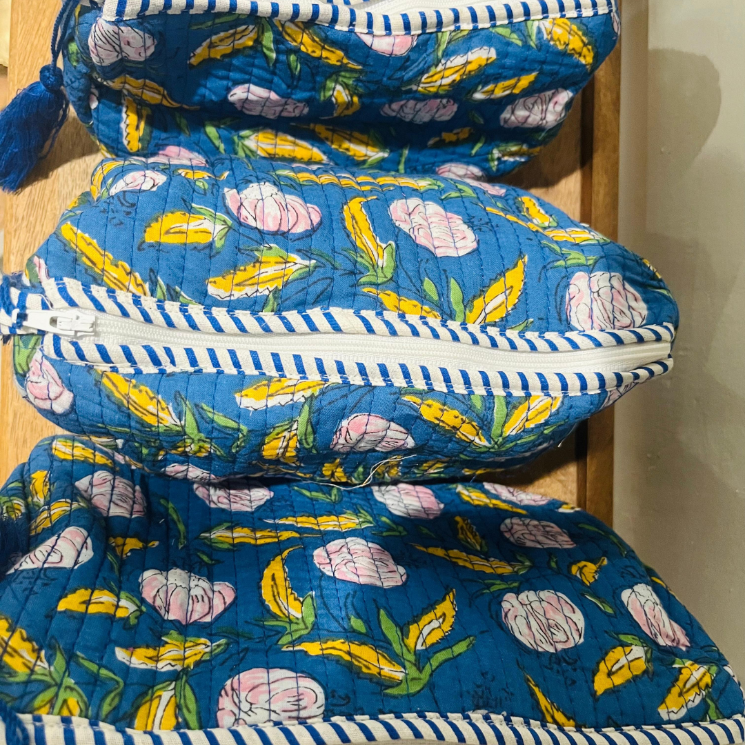 Block Printed Toiletry Bag in Navy Blue - Set of 3