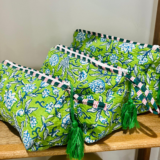 Block Printed Toiletry Bag in Green - Set of 3