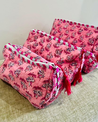 Block Printed Toiletry Bag in Pink - Set of 3