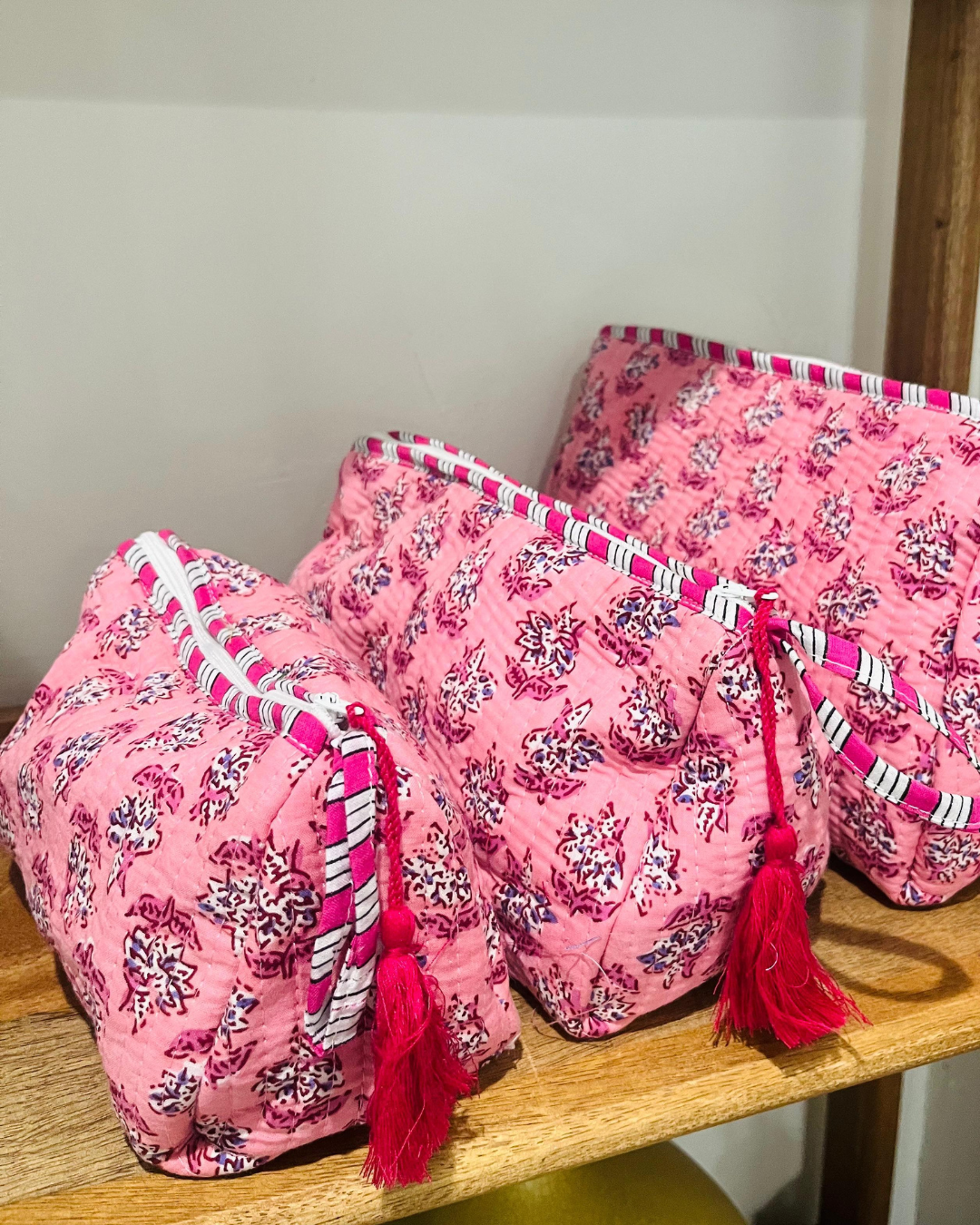 Block Printed Toiletry Bag in Pink - Set of 3