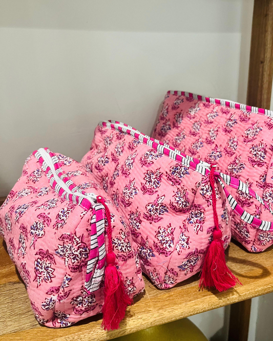 Block Printed Toiletry Bag in Pink - Set of 3