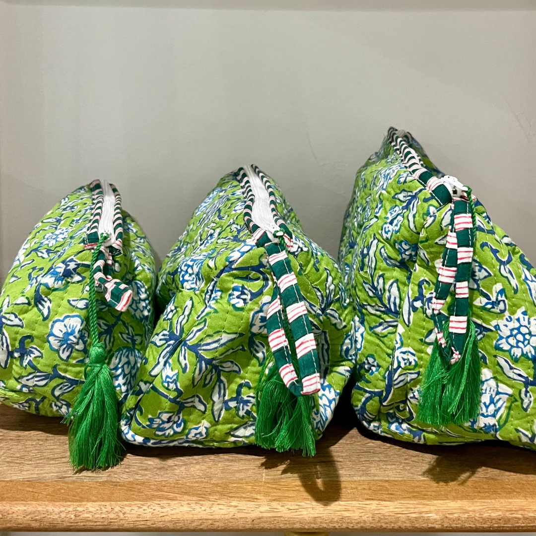 Block Printed Toiletry Bag in Green - Set of 3