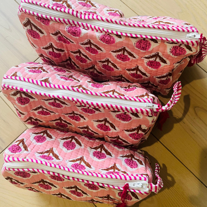 Block Printed Toiletry Bag in Pink - Set of 3