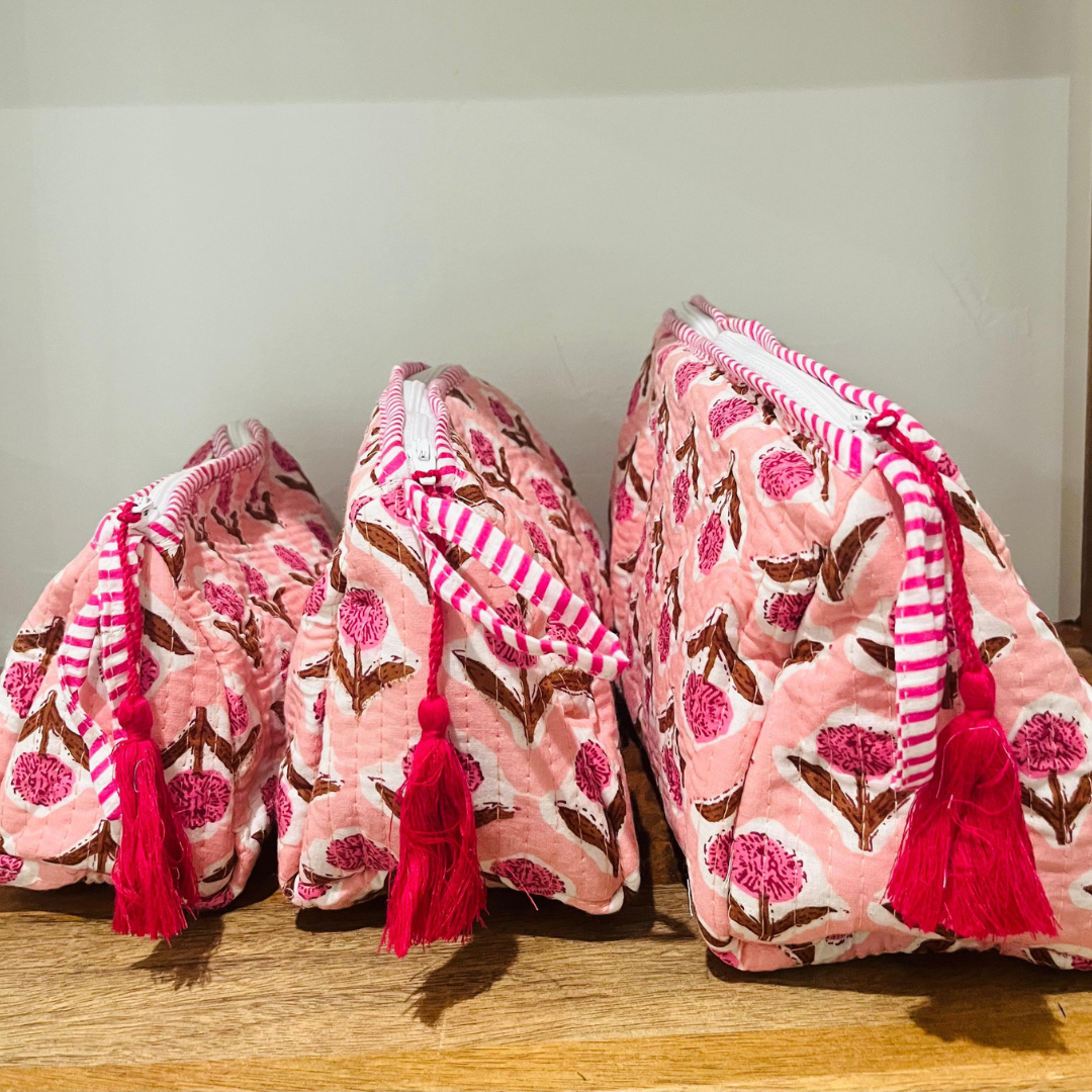 Block Printed Toiletry Bag in Pink - Set of 3