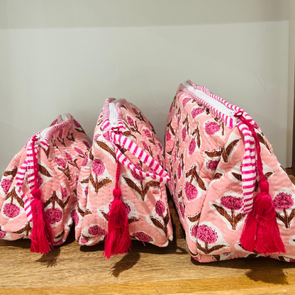 Block Printed Toiletry Bag in Pink - Set of 3