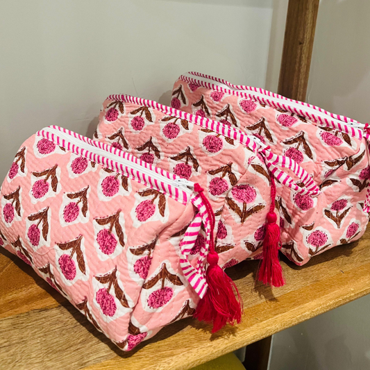 Block Printed Toiletry Bag in Pink - Set of 3