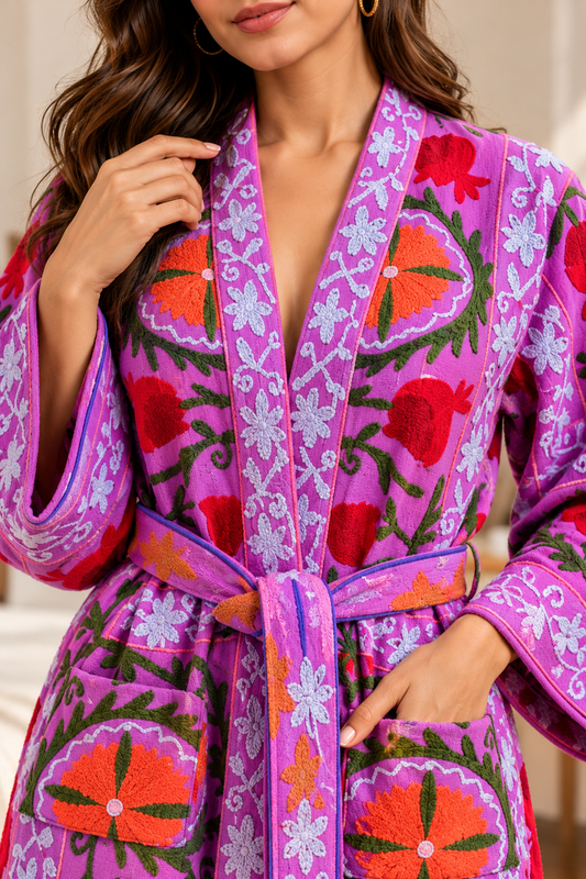 Royal Orchid Purple Suzani Embroidered Kimono Bathrobe | Coral Red Medallion Motif Boho Spa & Nightwear Gown