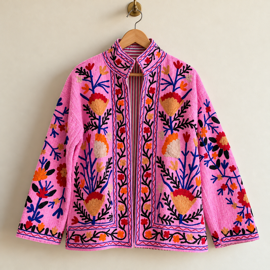 Pink Hand Embroidered Suzani Cotton Jacket For Women's, Floral Embroidered Bomber Jacket, New Style Bohemian Winter wear Coat Christmas Gift