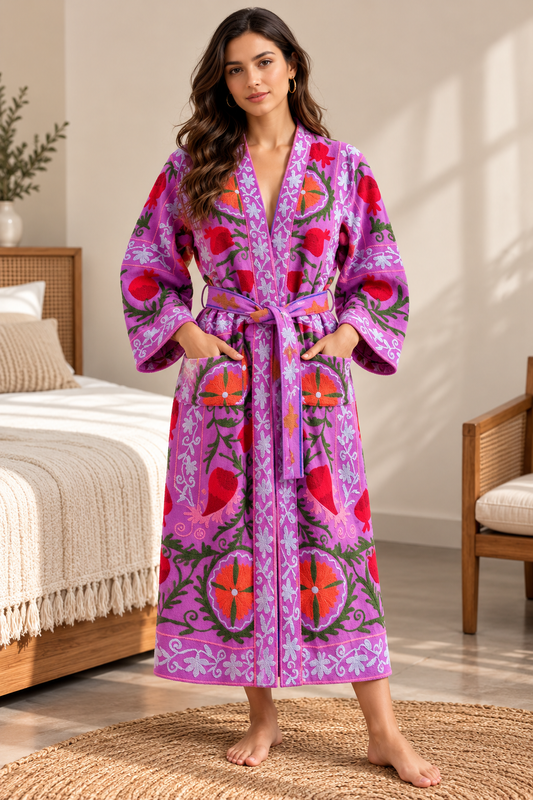 Royal Orchid Purple Suzani Embroidered Kimono Bathrobe | Coral Red Medallion Motif Boho Spa & Nightwear Gown