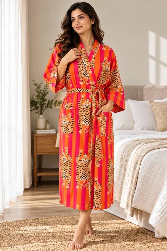 Sunset Orange & Magenta Striped Lounge Kimono | Tiger Motif Cotton Robe | Statement Sleepwear & Resort Wear