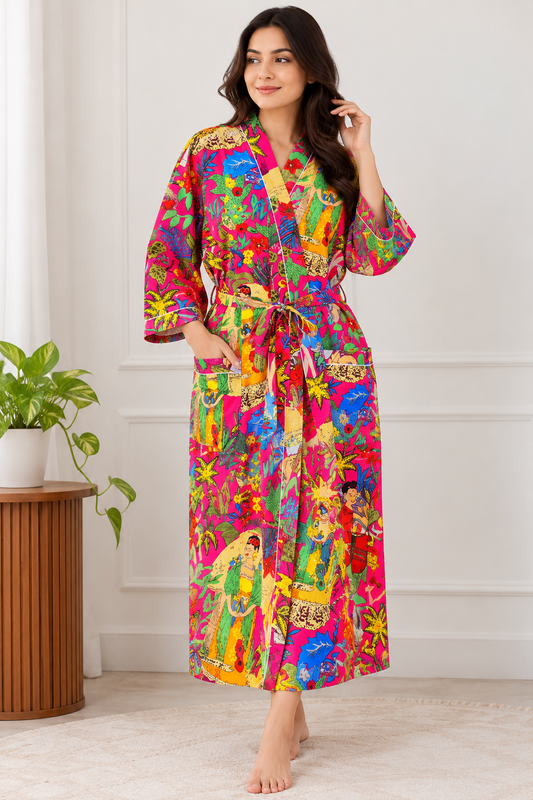 Handcrafted Block Print Cotton Kimono Robe | Magenta Pink & Multicolor Artistic Frida Portrait Lounge Robe | Spa & Sleepwear