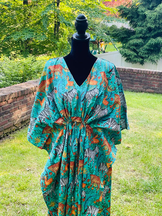 Animal Block Printed Cotton Kaftan - Blue