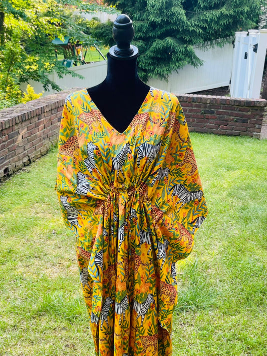 Animal Block Printed Cotton Kaftan - Yellow