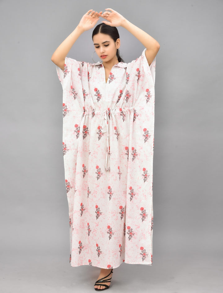 Floral Block Printed Cotton Kaftan - Pink