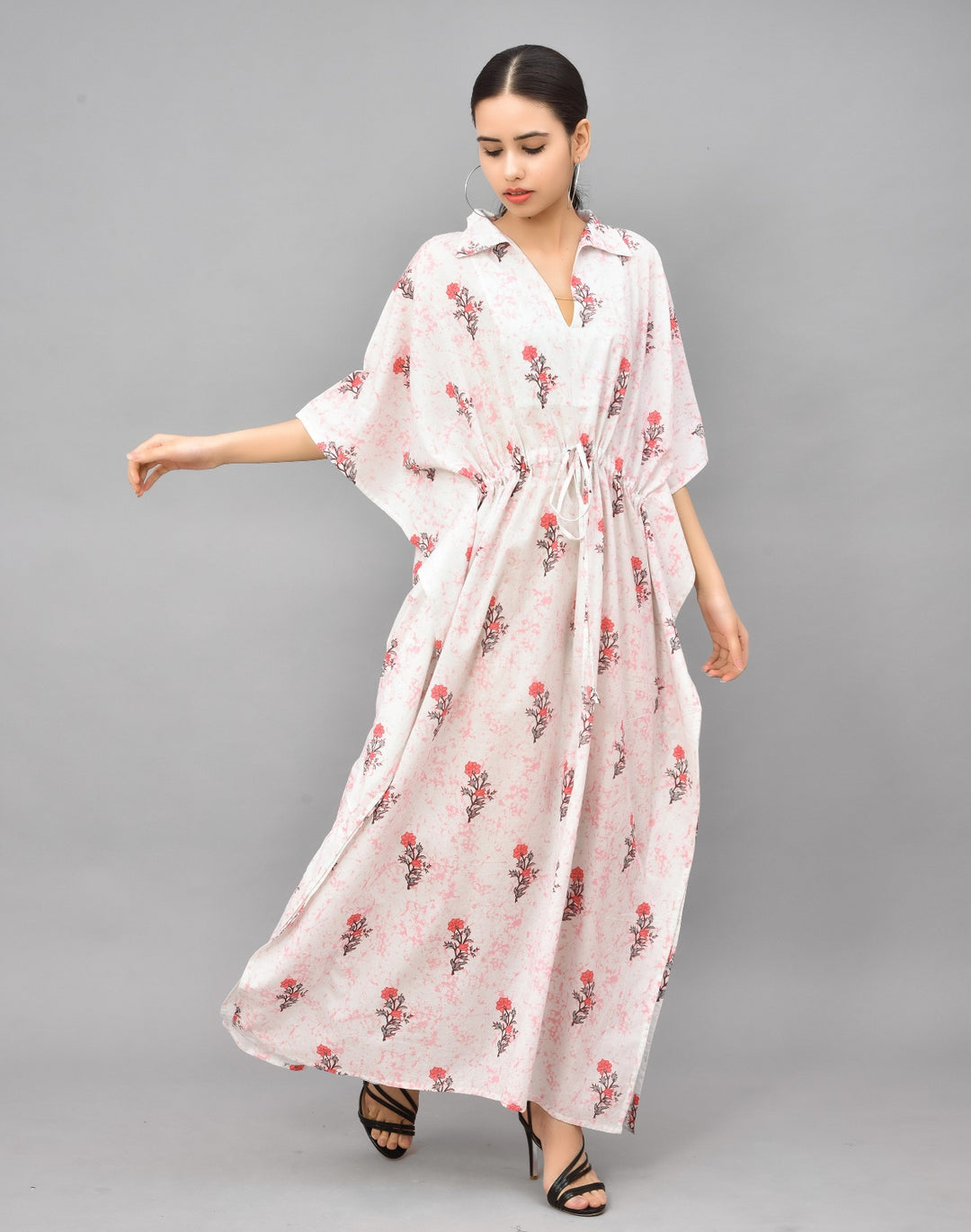 Floral Block Printed Cotton Kaftan - Pink