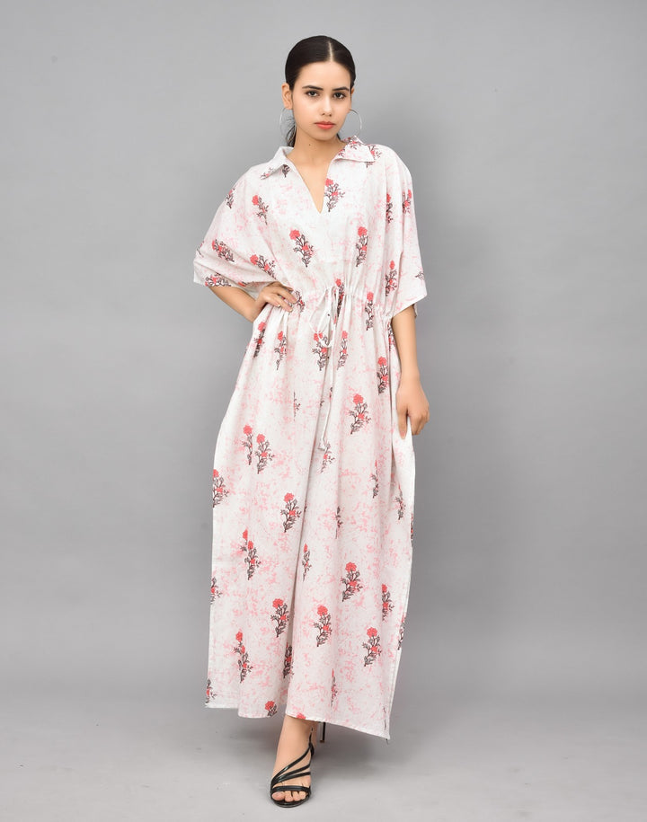Floral Block Printed Cotton Kaftan - Pink