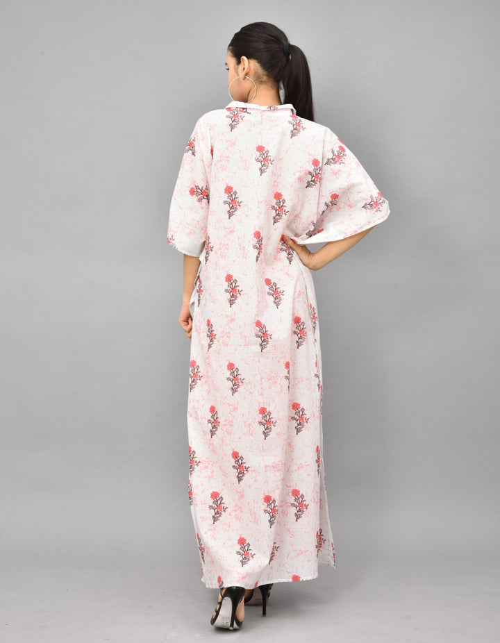 Floral Block Printed Cotton Kaftan - Pink