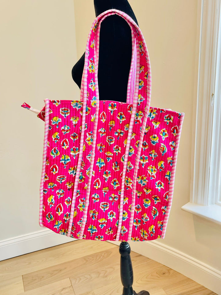 Handmade Pink Block Printed Reversible Tote Bag