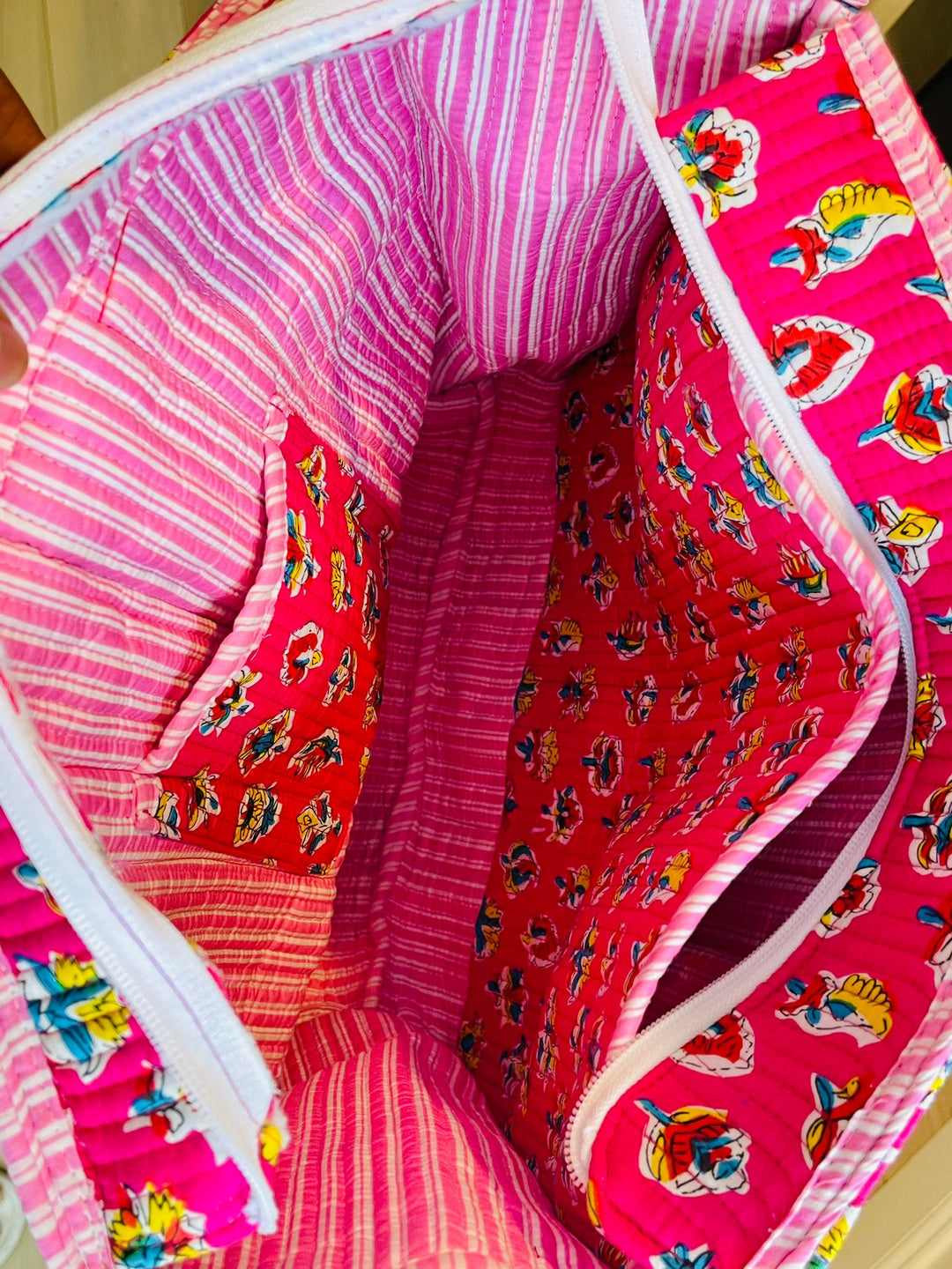 Handmade Pink Block Printed Reversible Tote Bag