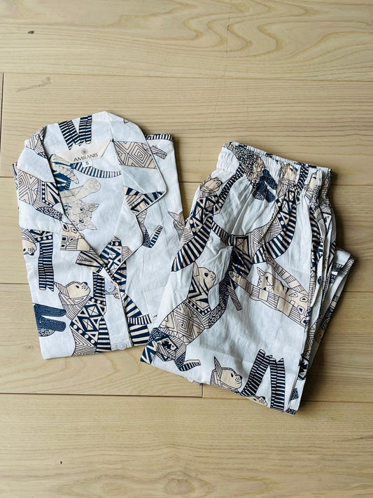 Long Pajama Set in White Cat