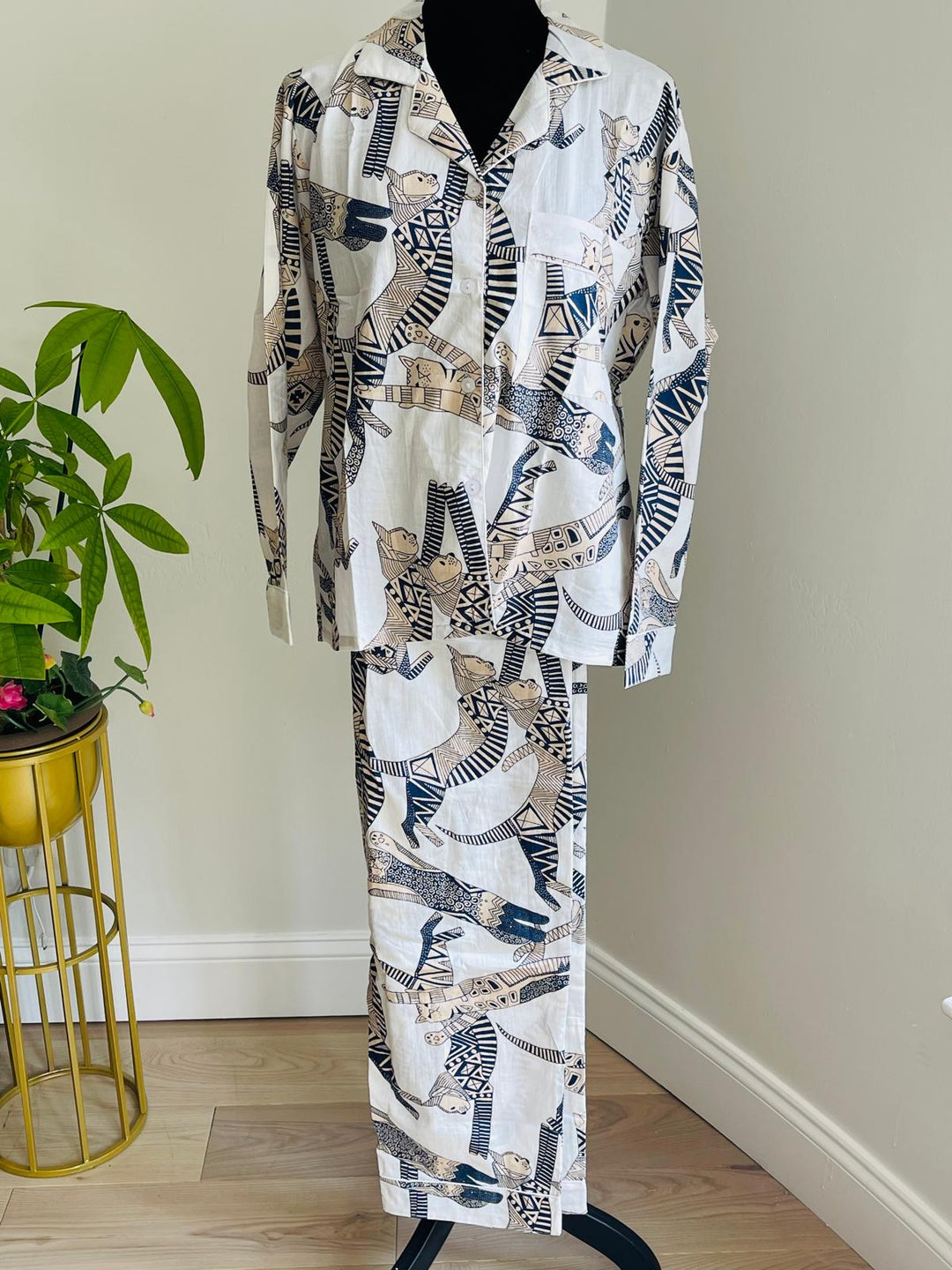 White Cat Print Long Pajama Set