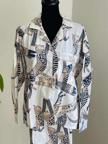 Long Pajama Set in White Cat