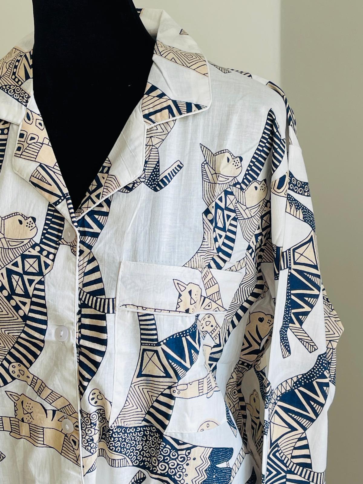 Long Pajama Set in White Cat