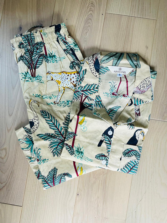 Long Pajama Set in Cream Jungle Print