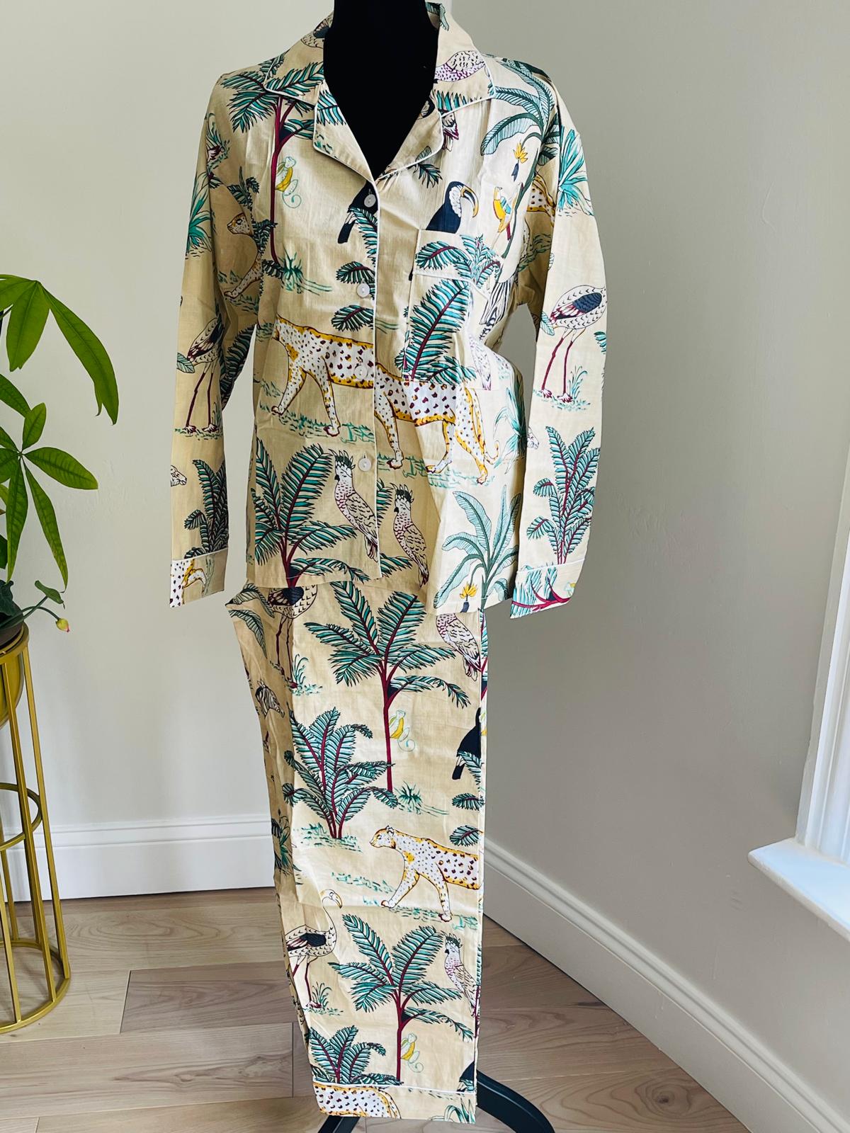 Long Pajama Set in Cream Jungle Print